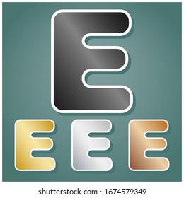 Letter E sign design template element. Set of metallic Icons with gray, gold, silver and bronze gradient with white contour and shadow at viridan background. Illustration.