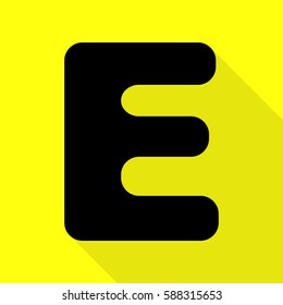 Letter E sign design template element. Black icon with flat style shadow path on yellow background.