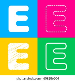 Letter E sign design template element. Four styles of icon on four color squares.
