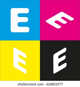 Letter E sign design template element. Vector. White icon with isometric projections on cyan, magenta, yellow and black backgrounds.