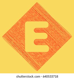 Letter E sign design template element. Vector. Red scribble icon obtained as a result of subtraction rhomb and path. Royal yellow background.