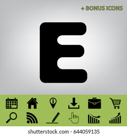 Letter E sign design template element. Vector. Black icon at gray background with bonus icons