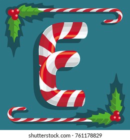 Letter E, sign of red and white sweets, sweet candy cane on turquoise background, illustration, vector