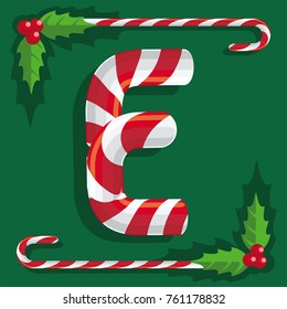 Letter E, sign of red and white sweets, sweet candy cane on green background, illustration, vector