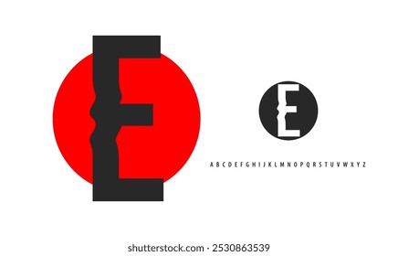 Letter E silhouette on red sun, twisting alphabet. Japanese logo for sushi roll restaurant logo, asian cultural event logotype. Vector logo and typeset