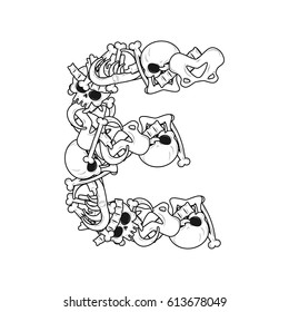 Letter E skeleton Bones Font. Anatomy of an alphabet symbol. dead ABC sign
