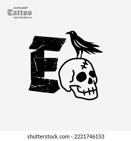 The letter E with a skull head on it has a black crow, black and white style