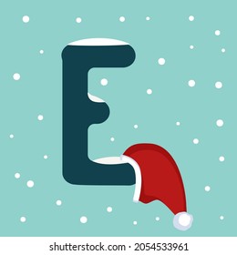 Letter E with snow and red Santa Claus hat. Festive font for Christmas and New Year