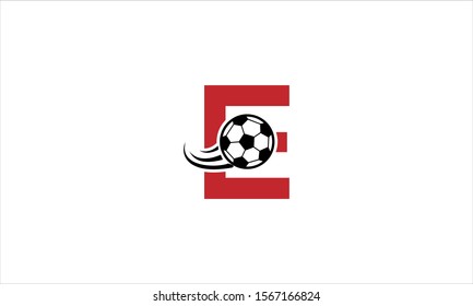 Letter E with soccer ball shot icon and football in flat vector minimalist logo design