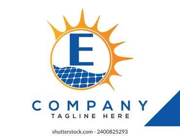 Letter E with solar panel and sun sign Logo Design Vector Template.