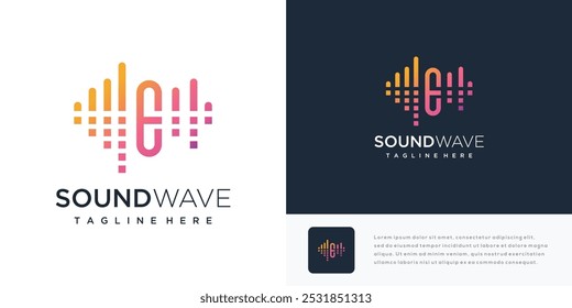 Letra E ilustração do design do logotipo da onda sonora. ícone do logotipo da onda sonora com letra E	
