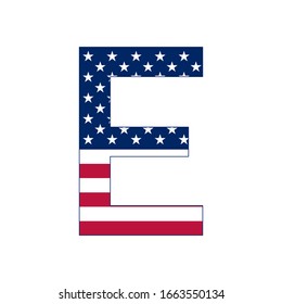 Letter E with stars and stripes. American flag lettering font.
Vector USA national flag style letter E.
Patriotic american element for poster, card, banner and background. 