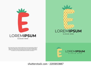 Letra E en estilo fresa con hojas verdes