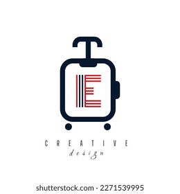 Letter E with Suitcase Bag and Air Plane for Travel and Trip Agent Business Logo Idea. Recreation, Voyage, Vacation, Transport Service Company Logo