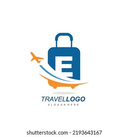 letter E with suitcase travel bag logo vector template. logo for travel label, tourism, journey posters, airways identity, and tech transportation