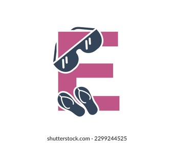 letter e with sunglasses and flip flops. vacation alphabet logotype symbol. summer tourism design. isolated vector image