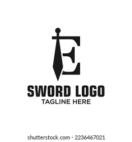 Letter E Sword Logo Design Template Inspiration, Vector Illustration.