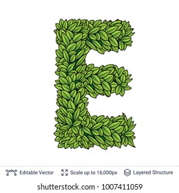 Letter E symbol of green leaves. Clean shape isolated on white. Vector icon easy to edit.