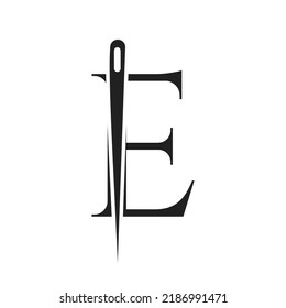 Letter E Tailor Logo, Needle and Thread Combination for Embroider, Textile, Fashion, Cloth, Fabric Template