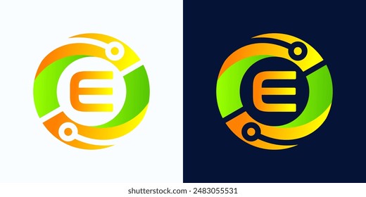 Letter E technology logo with circles and circuit board lines with letter E inside for digital, data, connection in green and orange gradient colors