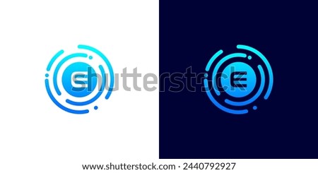 Letter E technology logo with circuit board line style circle for digital,data,connection