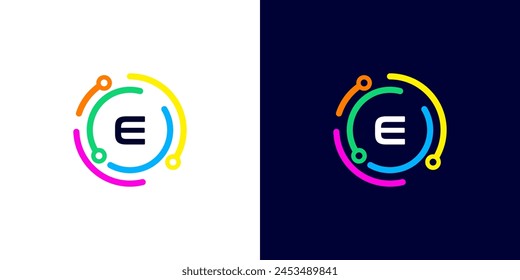 letter E technology logo with colorful connection circuit circle dots for technology,data,internet,computer