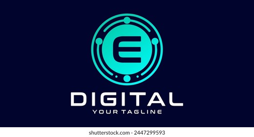 letter E technology logo. Digital font vector design for industry with circuit circles and dots, for digital, technology,data