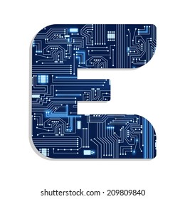 Letter "e" from technology's stylized alphabet with electronic circuit. Uppercase letter. White background. 