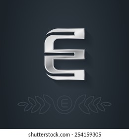 Letter E. Template for company logo with monogram element. 3d Design element or icon. Vector elegant silver font.