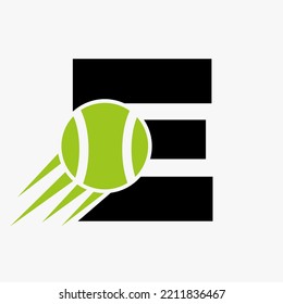 Letter E Tennis Logo Concept With Moving Tennis Ball Icon. Tennis Sports Logotype Symbol Vector Template