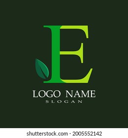 
letter E theme logo with a combination of leaves, nature theme, green
