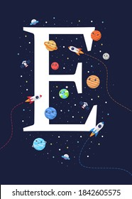 The letter E with the theme of outer space for Children. Letter graphic vector illustration for kids on outer space theme. space kids, letters for children.