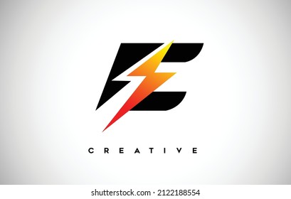 Letter E Thunderbolt Logo Concept with Black Letter and Orange Yellow Thunder. E Lighting bolt thunder bolt Lighting Strike Creative Letter Vector.