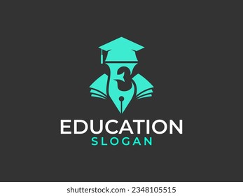 Letter E toga hat educational pen collage vector logo design