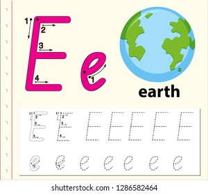Letter E tracing alphabet worksheets illustration