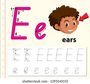 Letter E tracing alphabet worksheets illustration