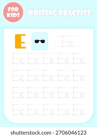 Letter E tracing. Worksheet for children, writing practice page. English alphabet handwriting study.