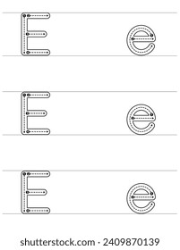 Letter E Tracing Worksheet für Preschool PreK Kinder Homeschooling. Alphabet-Aktivitäten in den oberen und unteren Bereichen