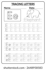 Arbeitsblatt für die Buchstabenverfolgung E mit dem Wort Elefant. Ideal für den Unterricht in Handschrift und Alphabet für Vorschulkinder.