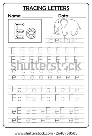 Letter E tracing worksheet with the word Elephant. Ideal for teaching handwriting and alphabet to preschoolers.