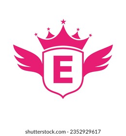 Letter E Transportation Logo With Wing, Shield And Crown Icon. Wing Logo On Shield Symbol