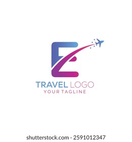 Letter E Travel Logo Design with plane. Icon of E for travel agency logo design.