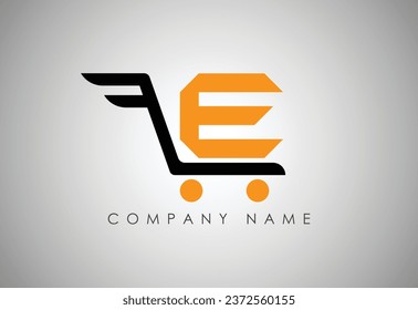 Tienda de carritos de la letra E y vector de logotipo. Diseño de logotipo de negocios.