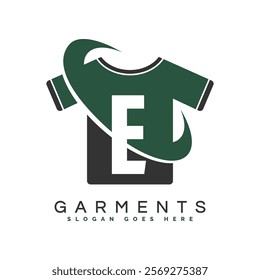 Letter E T-Shirt Logo with round Concept. Alphabet E garments moon face icon design