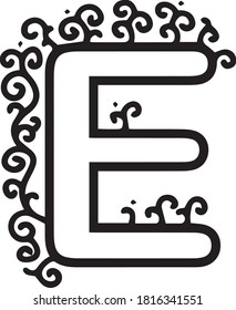 Letter E typography design with swirl  folk ornamental plants and sprouts. Alphabet decorative element