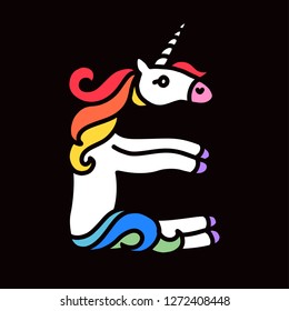 Letter "E" unicorn. Written by unicorns. Unicorn style letter. Fairytale font. Multicolored mane. Trend print on a T-shirt. Logo isolated on a black background. Metal pin. Unicorn alphabet.