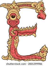 letter E with unique and cool Balinese illustrations and ornaments.