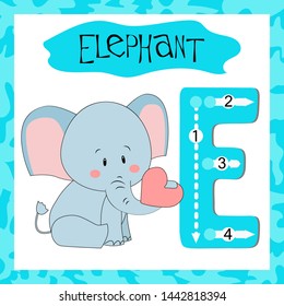 Letter E uppercase cute children colorful zoo and animals ABC alphabet tracing flashcard of Elephant for kids learning English vocabulary and handwriting 