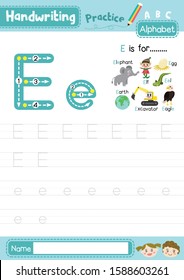 Letter E uppercase and lowercase cute children colorful ABC alphabet trace practice worksheet for kids learning English vocabulary and handwriting layout in A4 vector illustration.