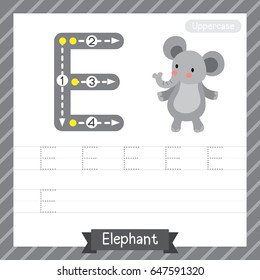 Letter E uppercase tracing practice worksheet with elephant for kids learning to write. Vector Illustration.